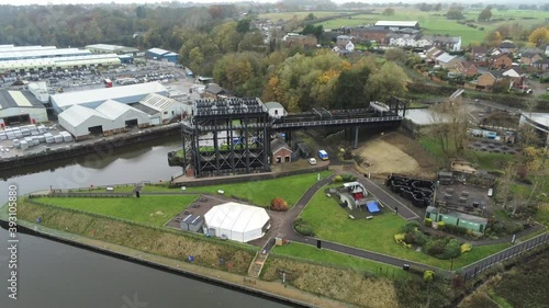 Industrial Victorian Anderton canal boat lift Aerial view River Weaver high descending shot photo