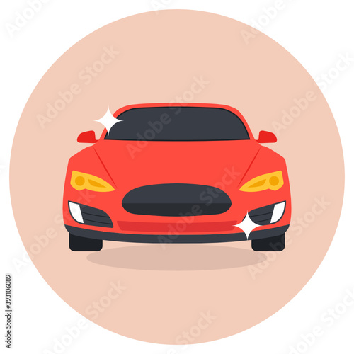  A luxury red car on a road, flat rounded icon 