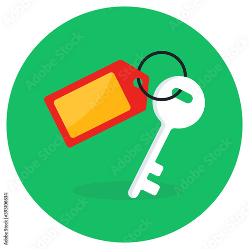 
Flat rounded icon of a room key, keyring attached to key
