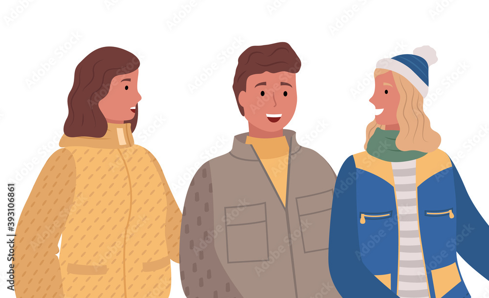 Naklejka premium Two women and man, friends standing together. People smile and talk with each other. Person dressed in warm cloth, overcoat and hat. Adults isolated on white background. Vector illustration of meeting