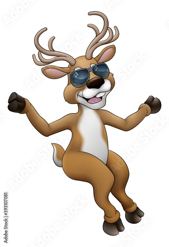 A cool Christmas Santas reindeer in sunglasses cartoon character in seated position. With space beneath for your item or sign for them to be seated on.