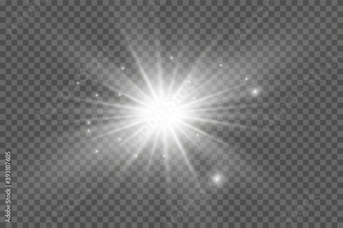 White glowing light. Beautiful star Light from the rays. Sun with lens flare. Bright beautiful star. Sunlight.