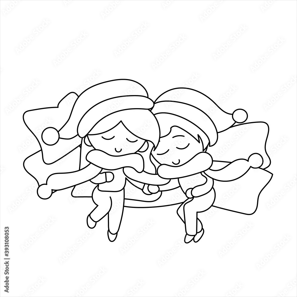 Vector of a couple, boy and girl, asleep on top of many pillows with a scarf for two and Christmas hats. Vector of a couple, boy and girl, asleep on top of many pillows with a scarf for two and Christmas hats.