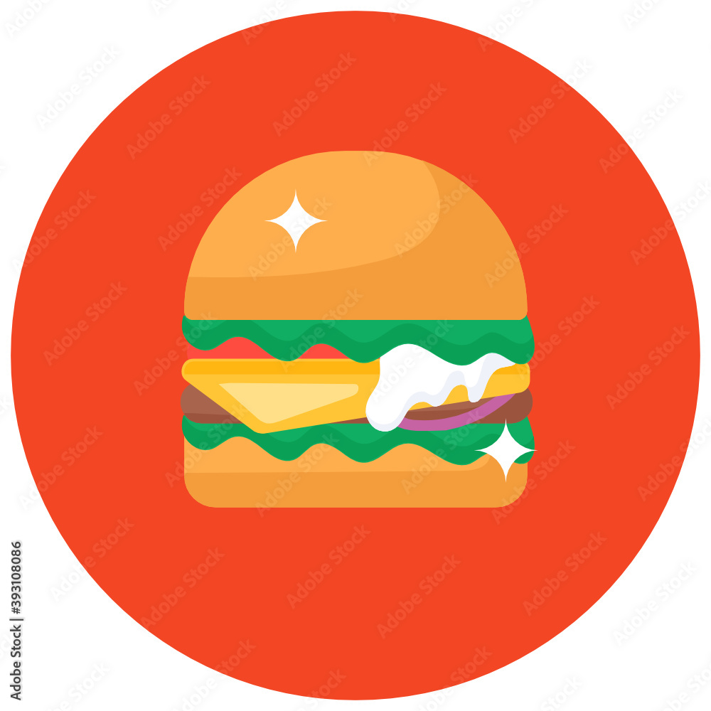 Flat rounded icon of hamburger filled with veggies and ingredients
Flat rounded icon of hamburger filled with veggies and ingredients