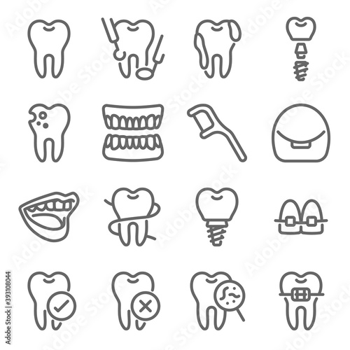 Dental icon illustration vector set. Contains such icons as Bone, dental floss, bracket, instrument, tooth, screw, teeth, and more. Expanded Stroke