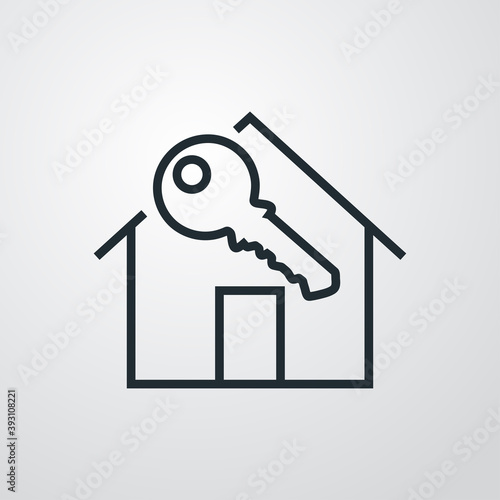 Logotipo Real Estate. Icono casa con llave con lineas en fondo gris