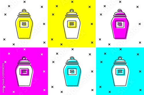 Set Funeral urn icon isolated on color background. Cremation and burial containers, columbarium vases, jars and pots with ashes. Vector.