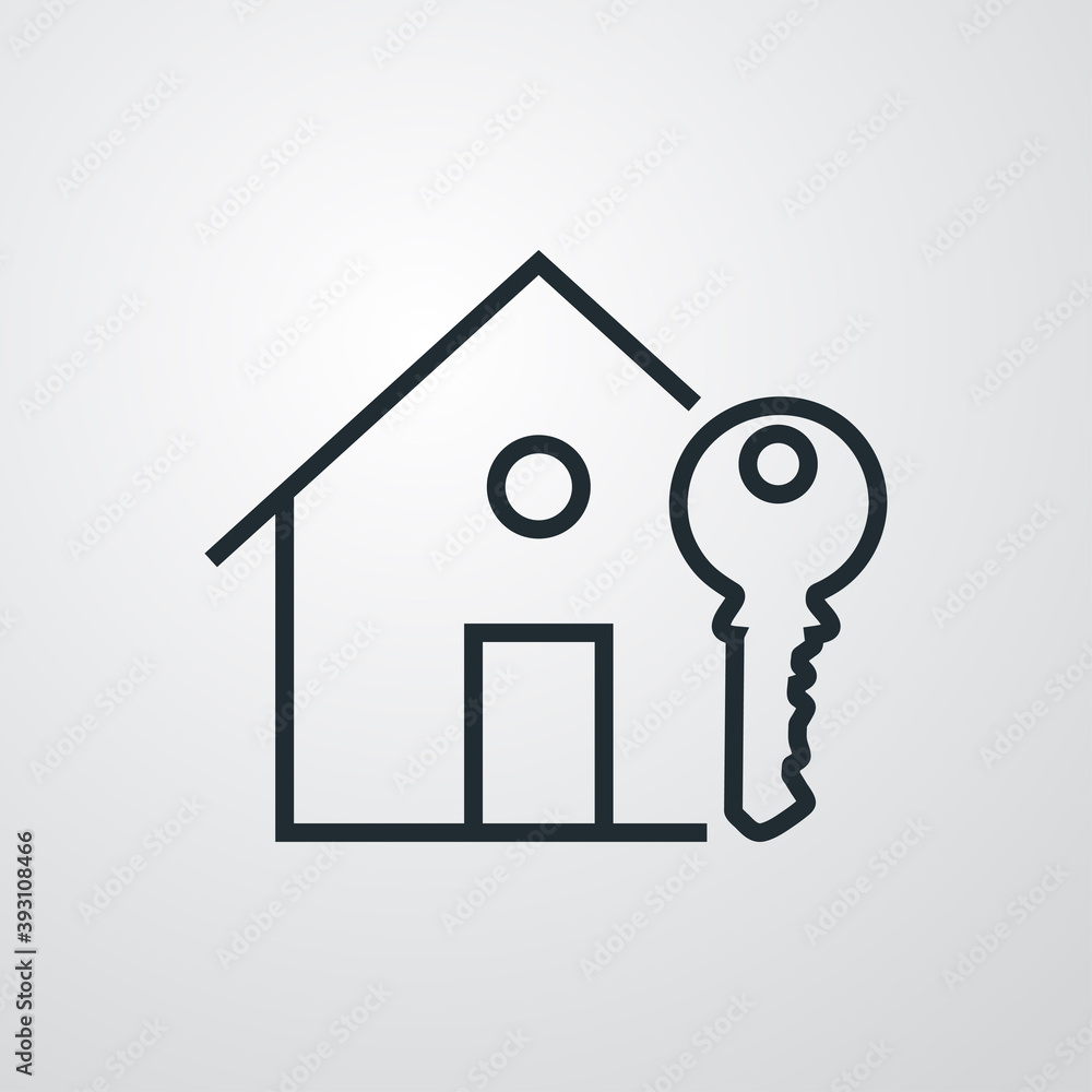 Logotipo Real Estate. Icono casa con llave con lineas en fondo gris Logotipo Real Estate. Icono casa con llave con lineas en fondo gris
