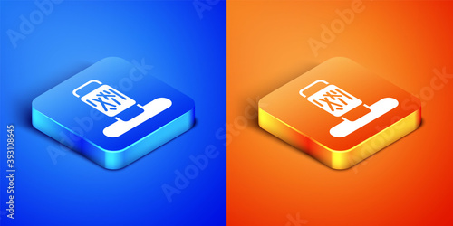 Isometric Cat scratching post with toy icon isolated on blue and orange background. Square button. Vector.