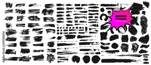 Set of brush strokes bundle. Circle frames. Dirty distress texture banners. Round grunge design elements. Rectangle, square and burst text boxes. Vector illustration ink splatters grunge painted lines
