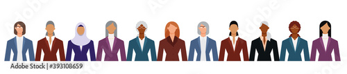 Crowd of diverse business woman in formal suits isolated on white. Flat design vector illustration.