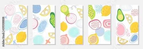 5 set nature background, Abstract Shapes Fruits, Leaves, Geometric and women shape, Collection art abstract, banner, poster, print.