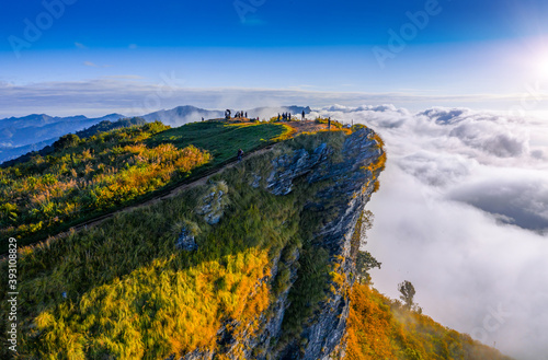 Fotografie Sunrise and Mist mountain in Phu Chi Fa located in Chiang Rai, Thailand
