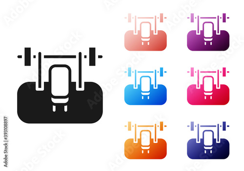 Black Bench with barbel icon isolated on white background. Gym equipment. Bodybuilding, powerlifting, fitness concept. Set icons colorful. Vector.