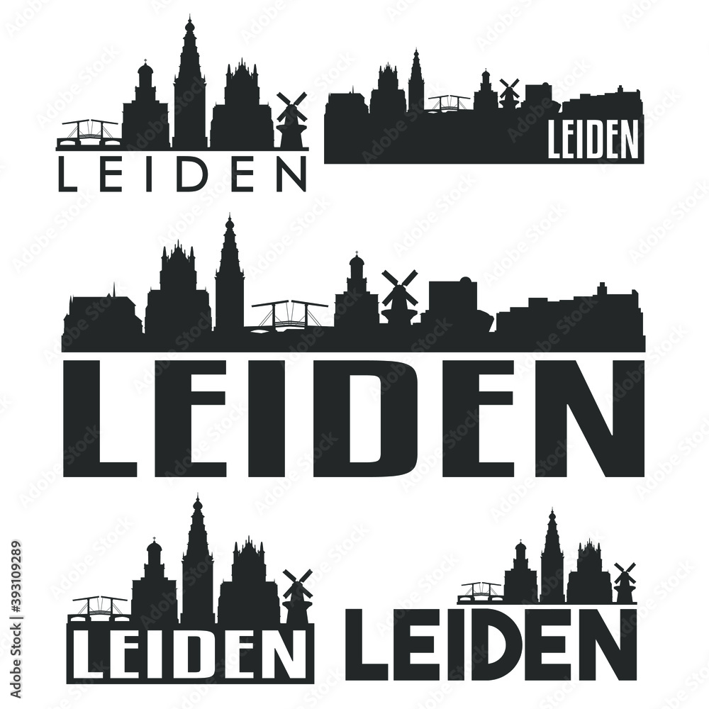 Leiden Netherlands Flat Icon Skyline Vector Silhouette Design Set Logos.