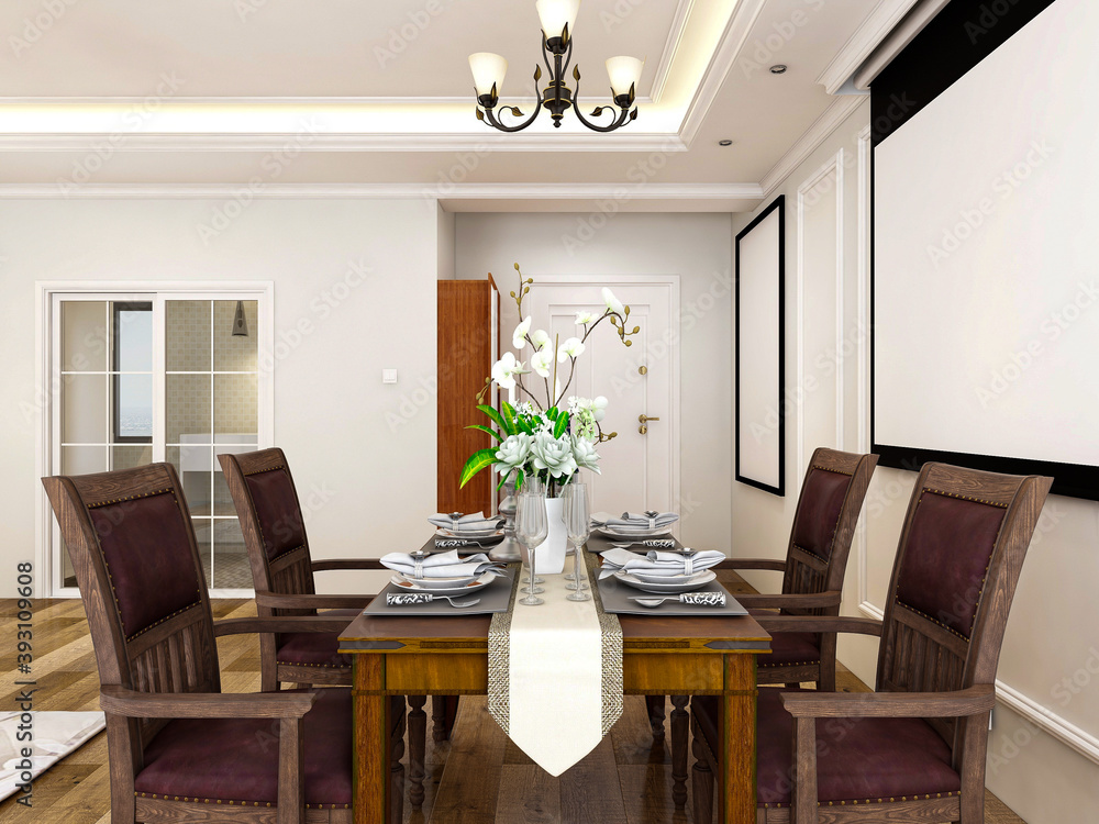 spacious dining room design next to the modern kitchen, with a beautiful dining table and greenery spacious dining room design next to the modern kitchen, with a beautiful dining table and greenery