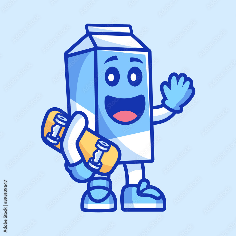 milk cartoon character holding a skateboard 