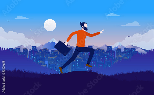 Running late - Casual man with briefcase in front of cityscape. Late for work or meeting concept. Vector illustration.