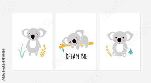 Cute posters with little koala vector prints for baby room, baby shower, greeting card, kids and baby t-shirts and wear. Hand drawn nursery