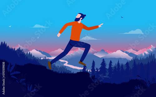 Fleeing - Man running outdoors in fear being scared and looking back over his shoulder. Vector illustration