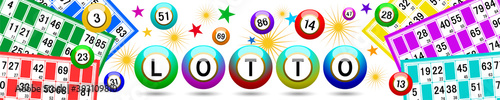 Bannière avec boules et cartes de lotto multicolores sur fond blanc  photo