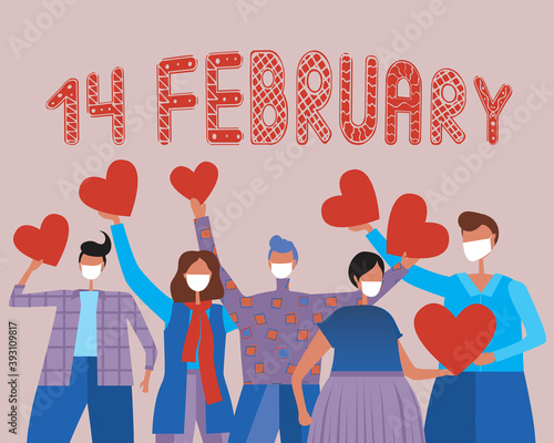Valentine's day covid, people in medical masks isolated, flat vector stock illustration with text 14 february