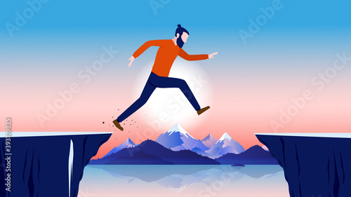 Life challenges - Casual man jumping over cliff outdoors. Overcome adversity, face fear and risk concept. Vector illustration.