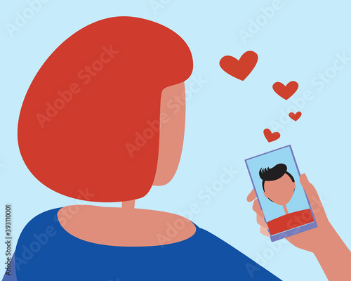 Couple in love as a concept of online dating romance, couples in love, long distance relationship, flat vector stock illustration with online dating