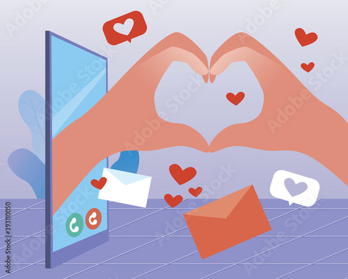Hand holding heart as concept of online dating romance, couples in love, long distance relationship, flat vector stock illustration with online dating