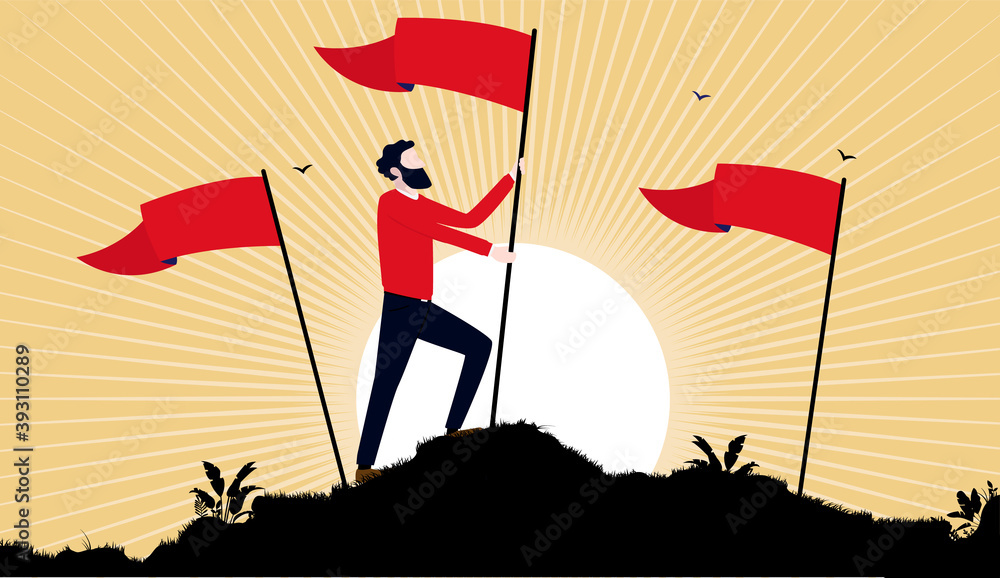 Socialism raising flag - Socialist man holding red flag on hilltop with  sunrise in background. Propaganda style vector illustration. Stock Vector |  Adobe Stock