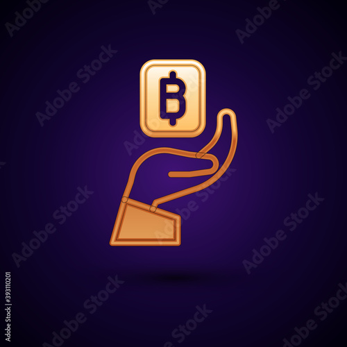 Gold Hand holding Bitcoin icon isolated on black background. Blockchain technology, digital money market, cryptocoin wallet. Vector.