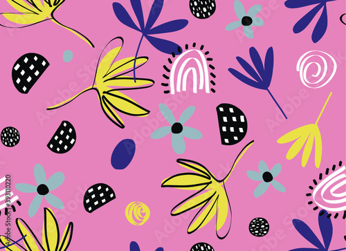 Abstract Hand Drawing Retro Flowers Leaves and Geometric Shapes Repeating Vector Pattern Isolated Background