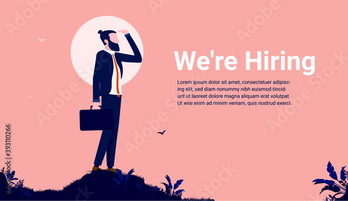 We're Hiring - Recruitment illustration of man looking for new work colleagues on hilltop. Copy space for text. Vector illustration.