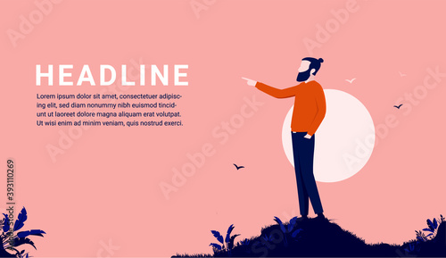 Man pointing at text - Casual man standing on hilltop pointing finger at headline. Attention, and highlighting concept. Vector illustration.