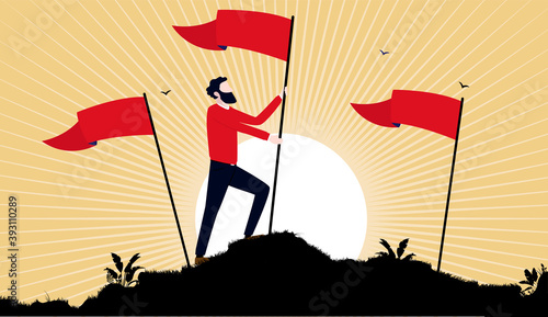 Socialism raising flag - Socialist man holding red flag on hilltop with sunrise in background. Propaganda style vector illustration.