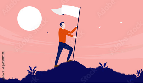 Surrender by raising white flag - Casual man on hilltop raising flag of peace and truce. Desire to parley concept. Vector illustration.