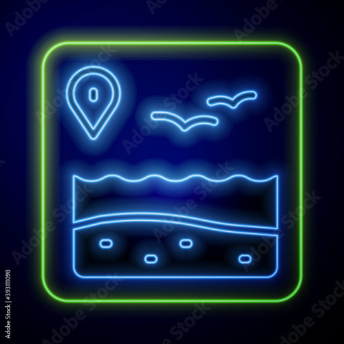 Glowing neon Location with beach icon isolated on blue background. Tropical beach landscape. Good sunny day. Vector.