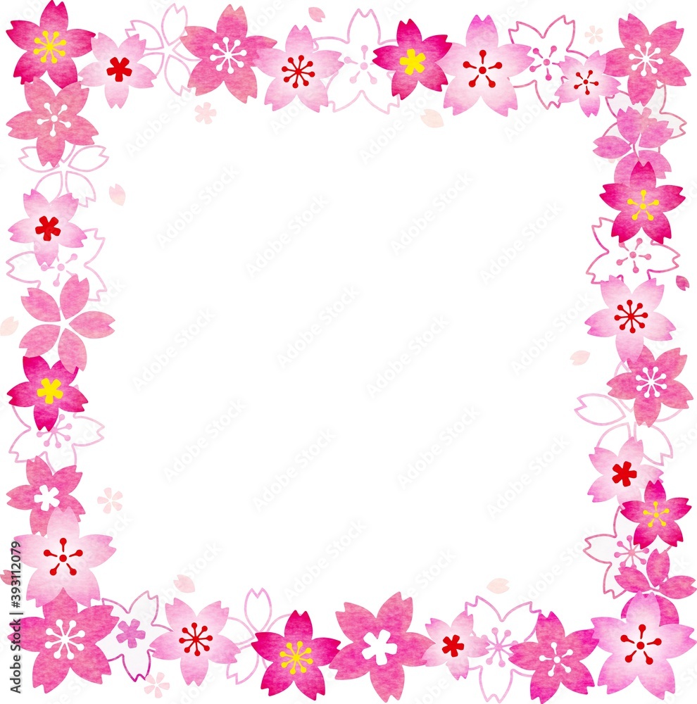 色鉛筆風な彩色の四角い桜の花のフレーム素材