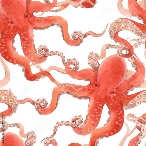 Beautiful vector seamless underwater pattern with watercolor red octopus. Stock illustration.