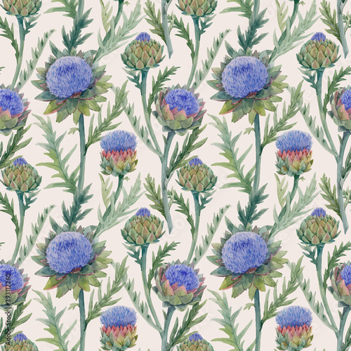 Beautiful vector seamless floral pattern with watercolor gentle blue blooming artichoke flowers. Stock illustration.