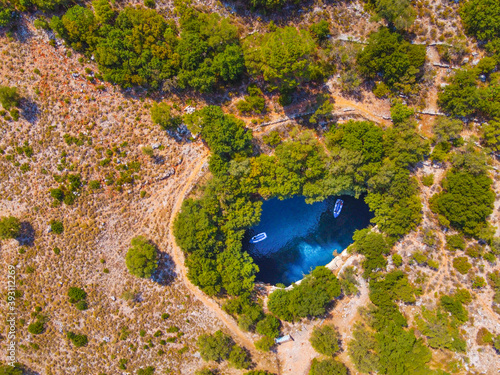 Aerial view of Melisani lake in Sami, Kefalonia, Greece