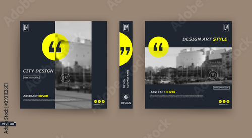 Abstract patch brochure cover design. Black info data banner frame. Techno title sheet model set. Modern vector front page art. Urban city blurb texture. Yellow citation figure icon. Ad flyer text