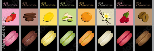 Série d’étiquettes hauteurs pour des macarons au parfum différents de fraise, chocolat, citron, pistache, orange, vanille, cerise, café.