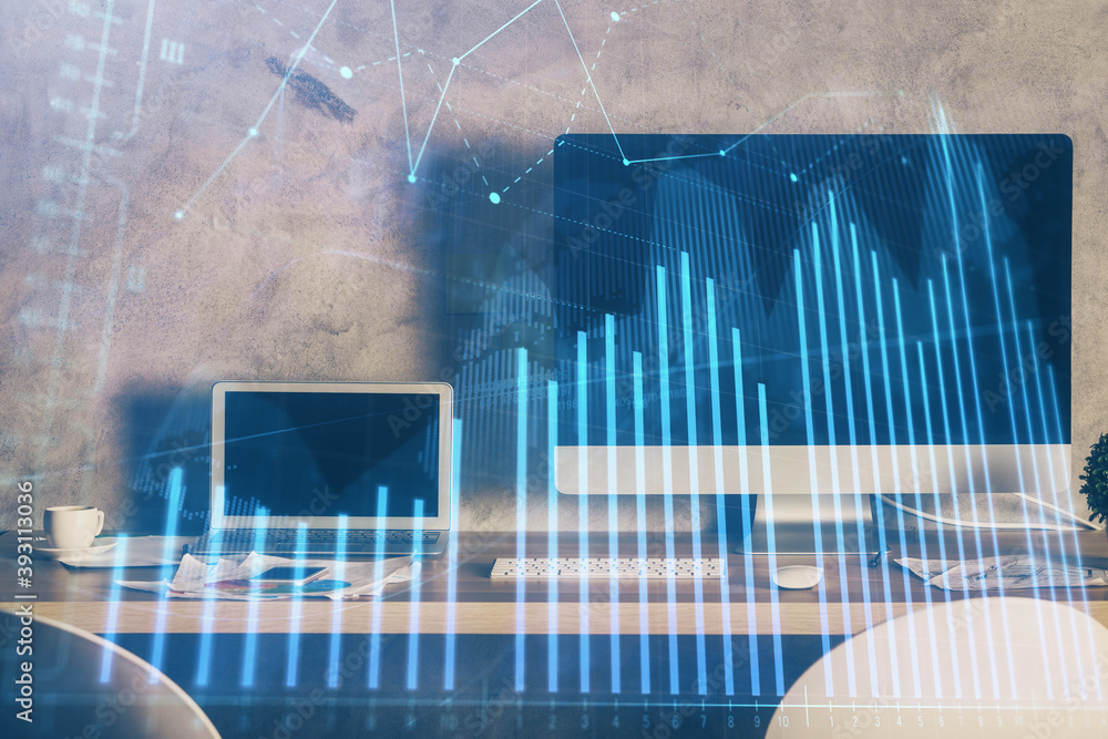 Multi exposure of forex chart and work space with computer. Concept of international online trading. Multi exposure of forex chart and work space with computer. Concept of international online trading.