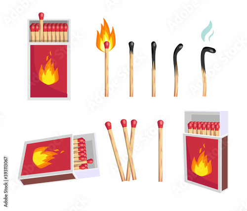 Different matches set. Opened matchbox, vector illustration. Whole and burnt matchstick, isolated on white background. 