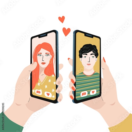 Virtual love concept. Online dating and social networking. Man and woman are holding a telephone and meeting online. Web chatting of couple lover. Vector illustration.