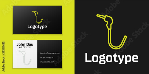Logotype line Gasoline pump nozzle icon isolated on black background. Fuel pump petrol station. Refuel service sign. Gas station icon. Logo design template element. Vector Illustration.