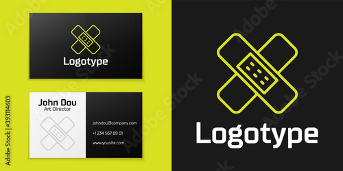 Logotype line Crossed bandage plaster icon isolated on black background. Medical plaster, adhesive bandage, flexible fabric bandage. Logo design template element. Vector Illustration.