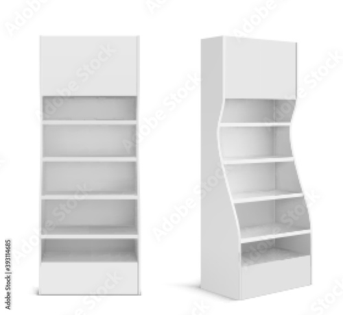 White POS display stand for products in supermarket, store and shop. Vector realistic 3d mockup of blank promotion rack with empty shelves, retail showcase isolated on white background