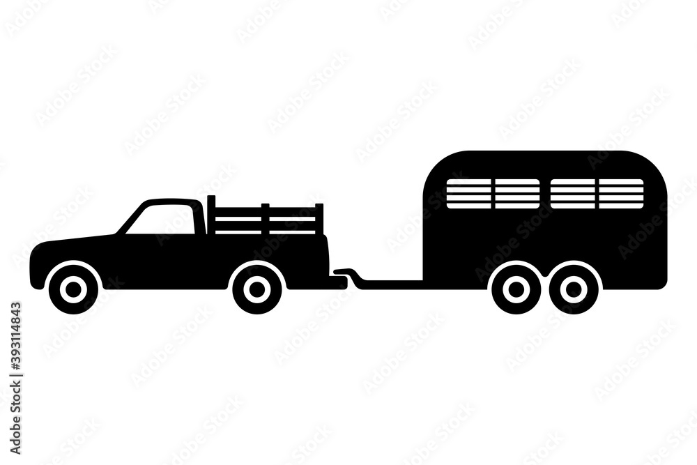 Farm pickup truck with livestock trailer icon. Black silhouette. Side view. Vector flat graphic illustration. The isolated object on a white background. Isolate. Farm pickup truck with livestock trailer icon. Black silhouette. Side view. Vector flat graphic illustration. The isolated object on a white background. Isolate.